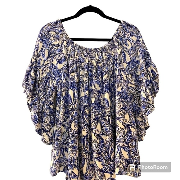 Bobeau top, size Large.  Navy blue and white.  Off shoulder or on ,full … - Picture 1 of 7